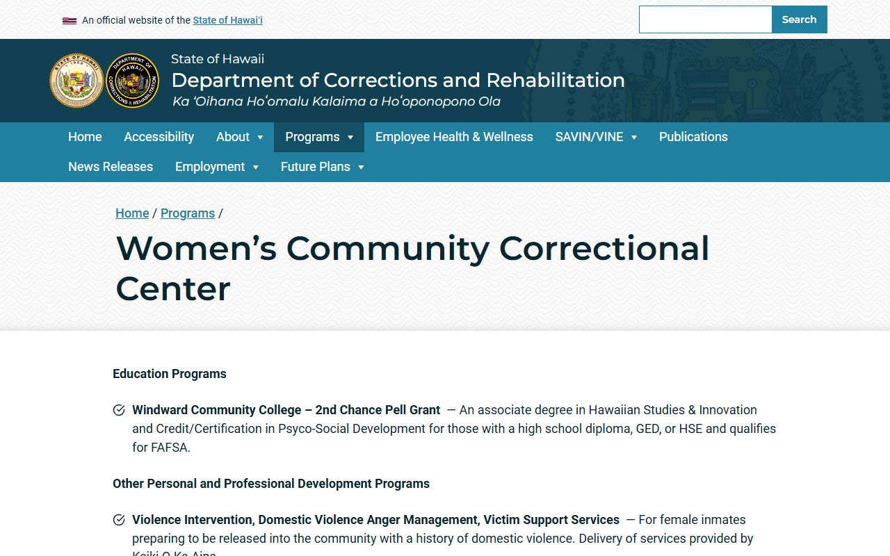 Women's Community Correctional Center Kailua released inmates