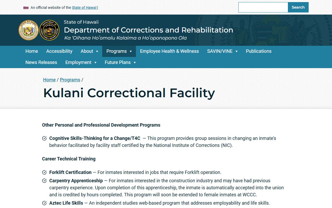 Kulani Correctional Facility Hawaii County released inmates