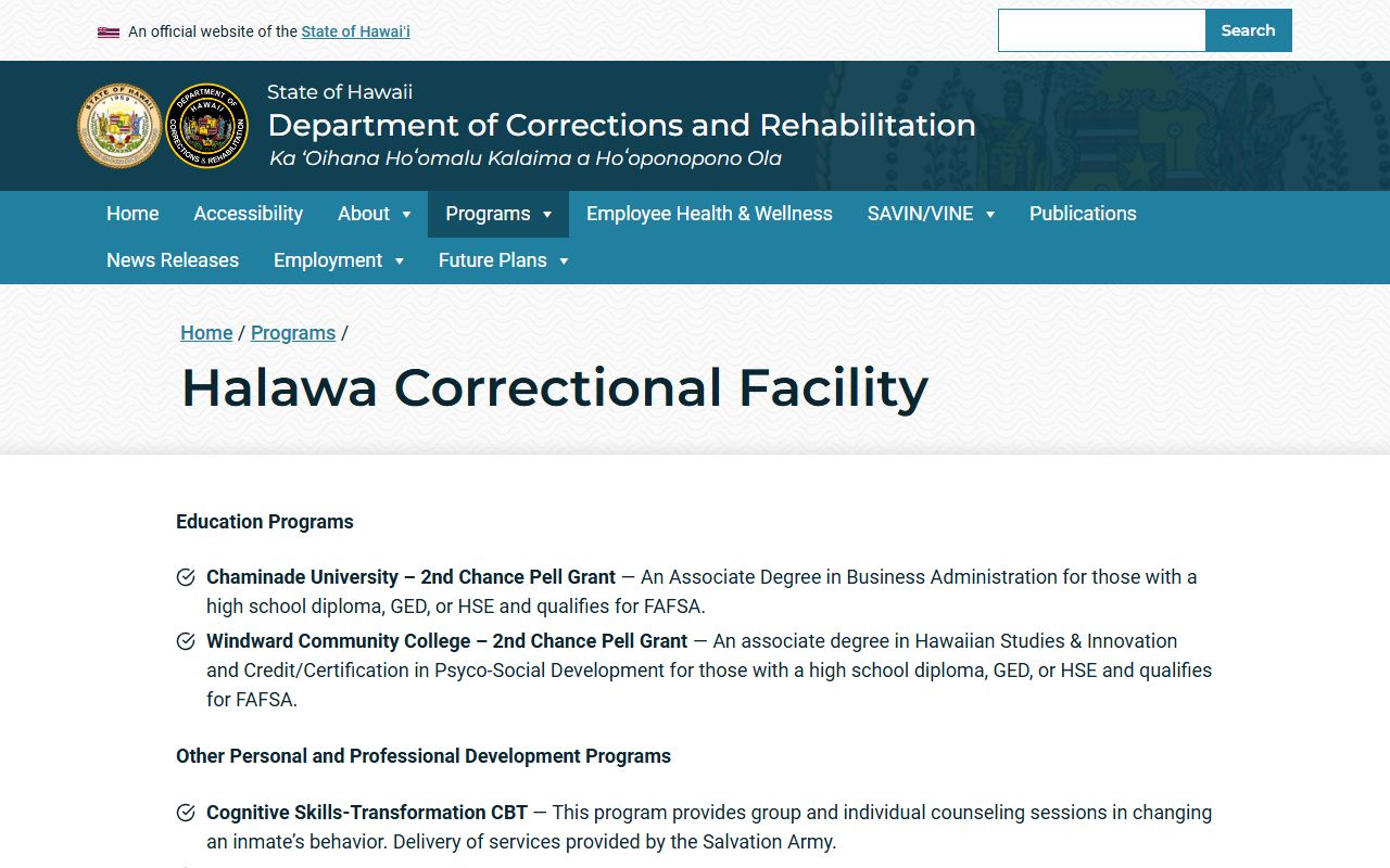 Halawa Correctional Facility Honolulu County released inmates