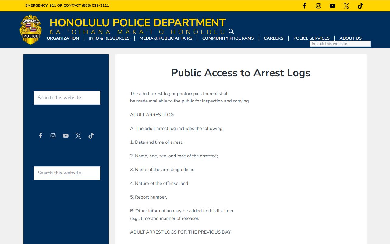 HPD arrest logs policy Honolulu County released inmates