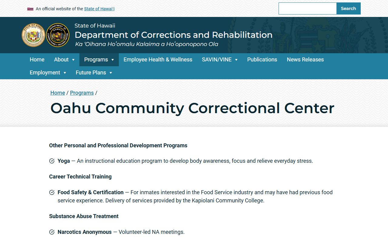 Oahu Community Correctional Center East Honolulu released inmates