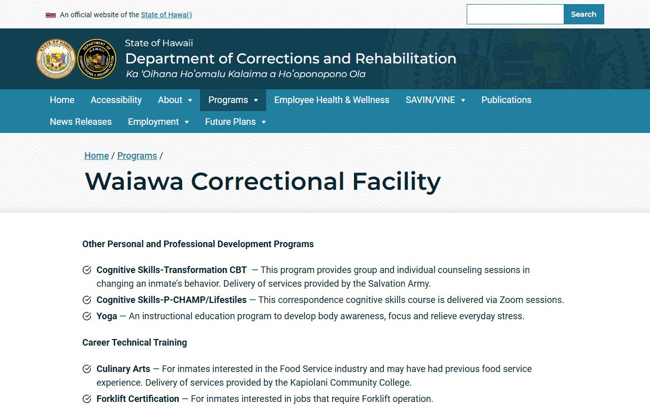 Waiawa Correctional Facility Honolulu County released inmates
