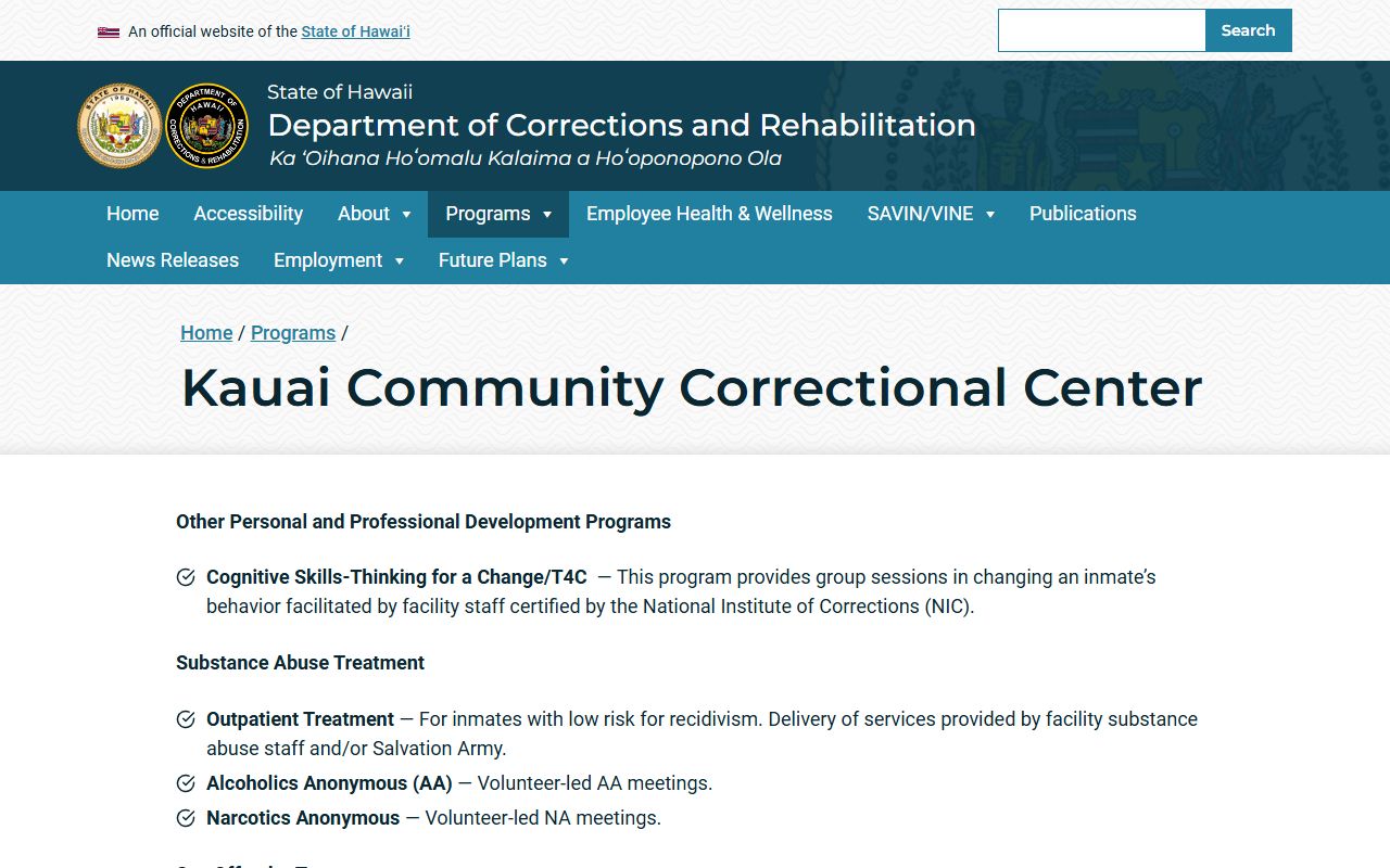 Kauai Community Correctional Center Kauai County released inmates