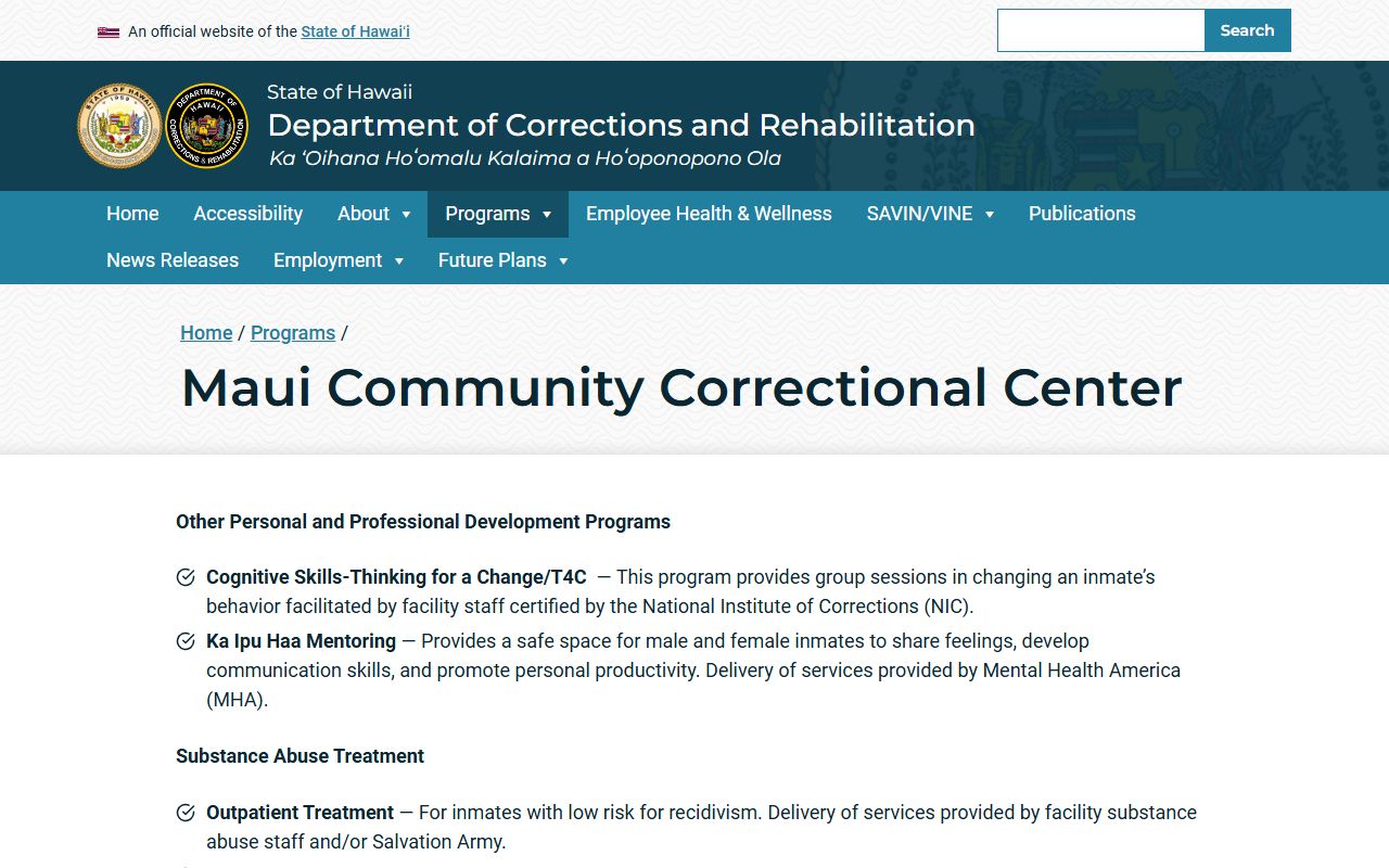 Maui Community Correctional Center Maui County released inmates